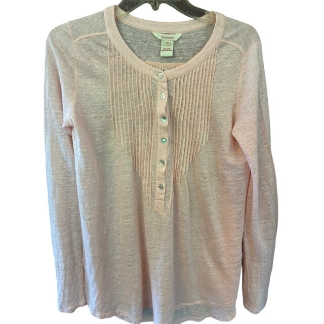Sundance Pintuck Henley Top Womens Xs Pink Excellent 100% Linen Long Sleeve